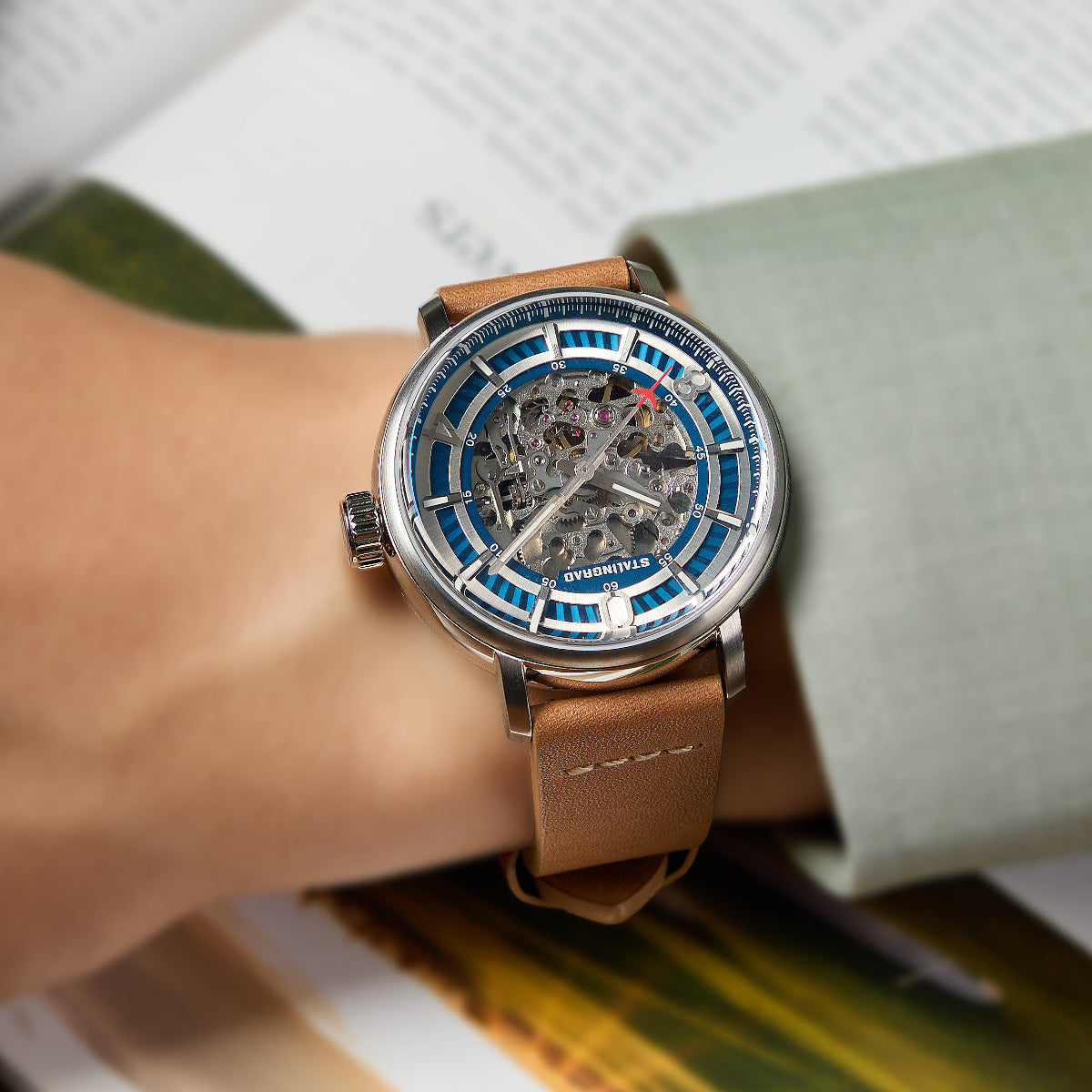 Hero. Skeleton Dial. Sky Blue. Beige Leather Strap. SG-1003-01