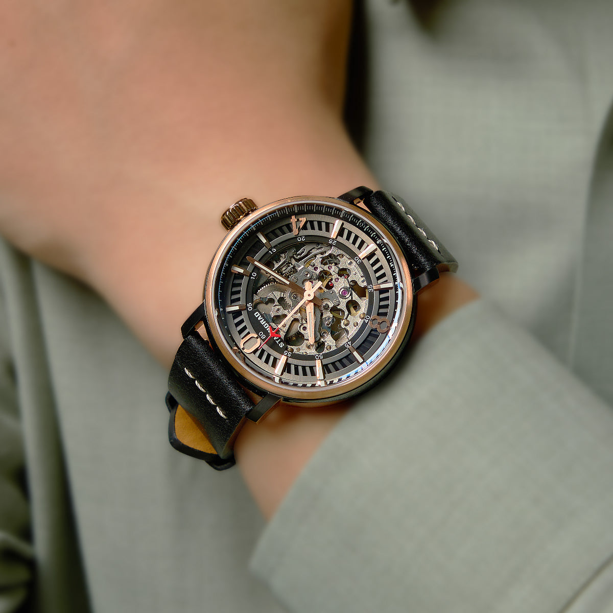 Hero. Skeleton Dial. Rose Gold. Black Leather Strap. SG-1003-03