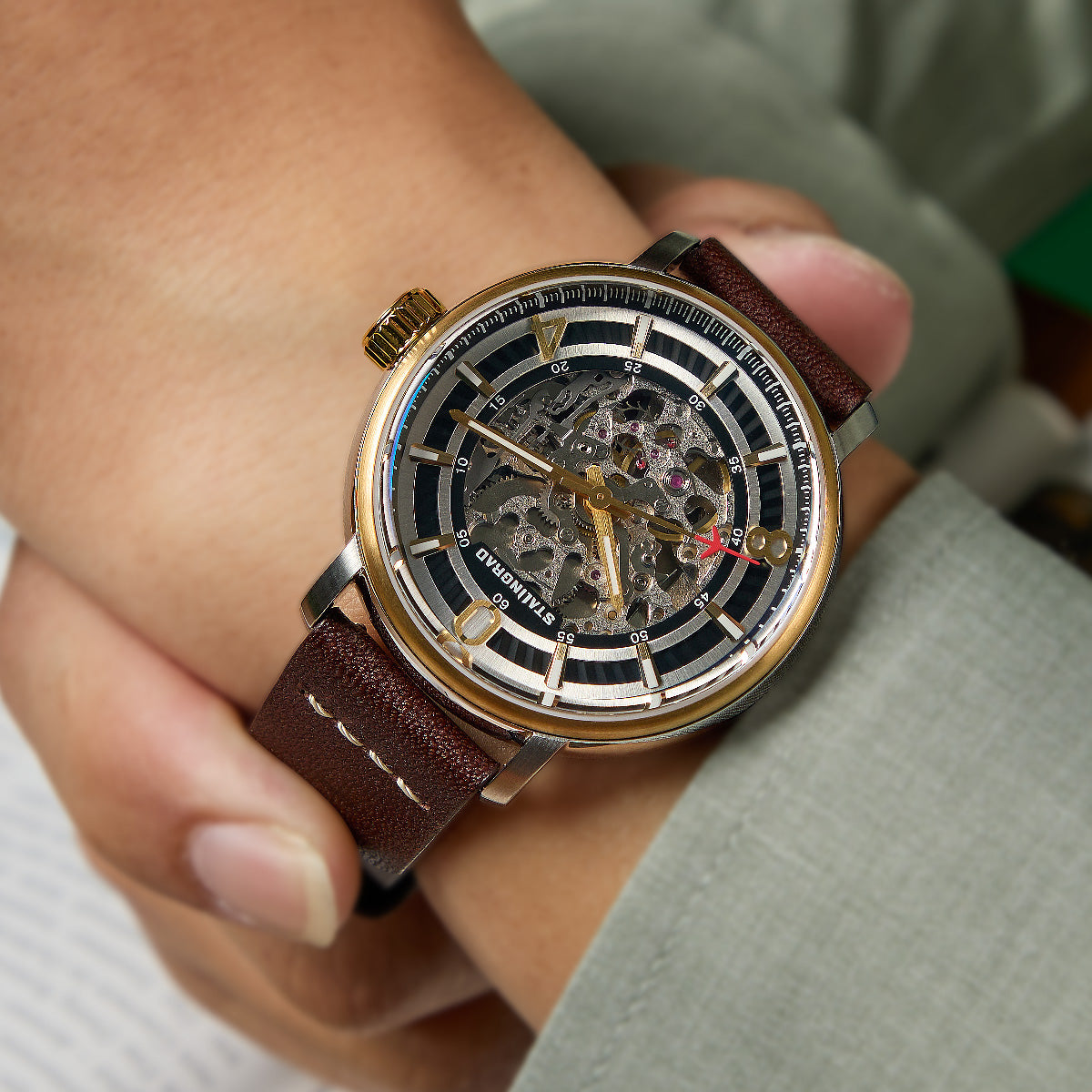 Hero. Skeleton Dial. Yellow Gold. Brown Leather Strap. SG-1003-02