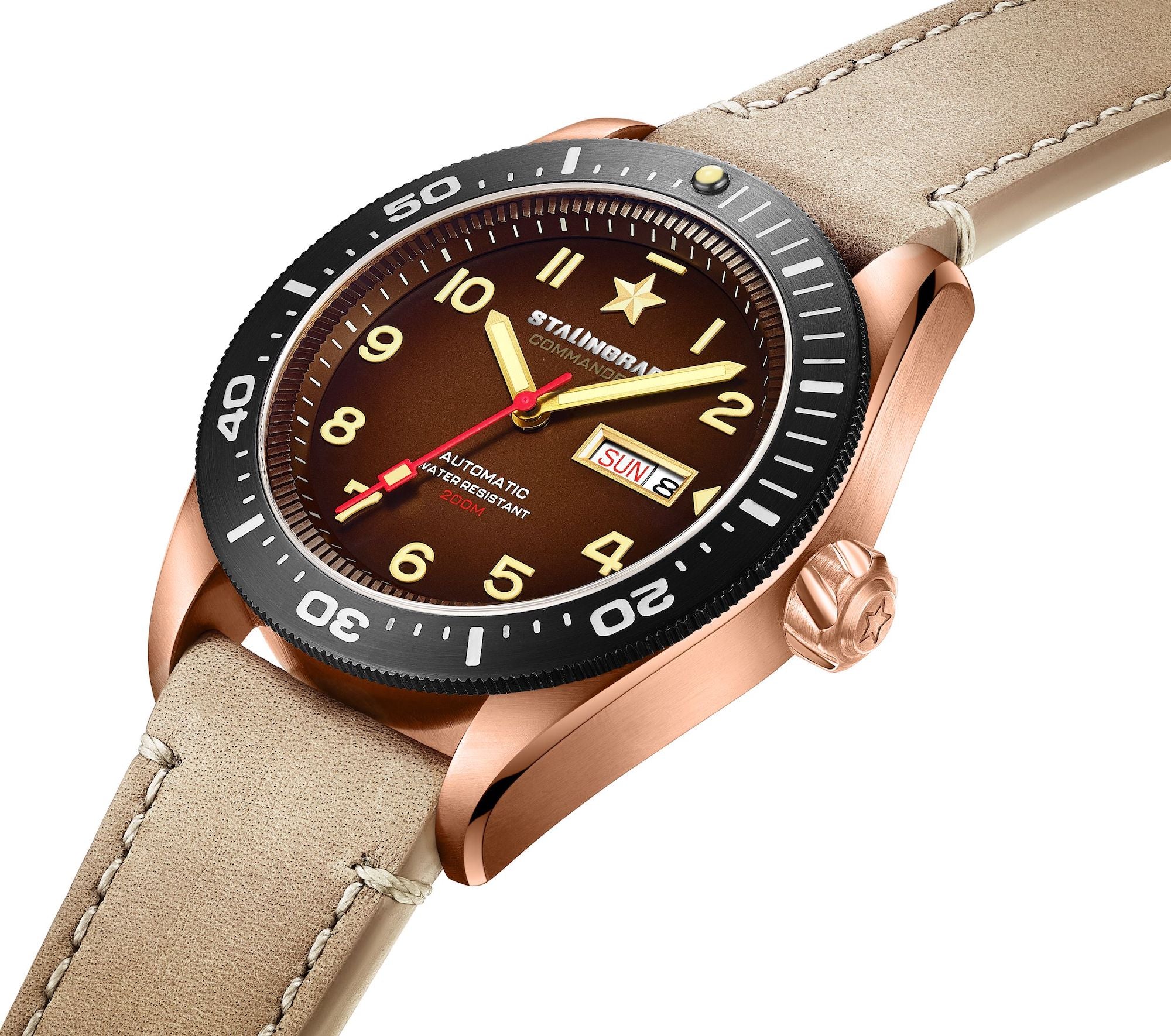 Stalingrad commander watch brown dial and brown leather strap on a white background diagonal view