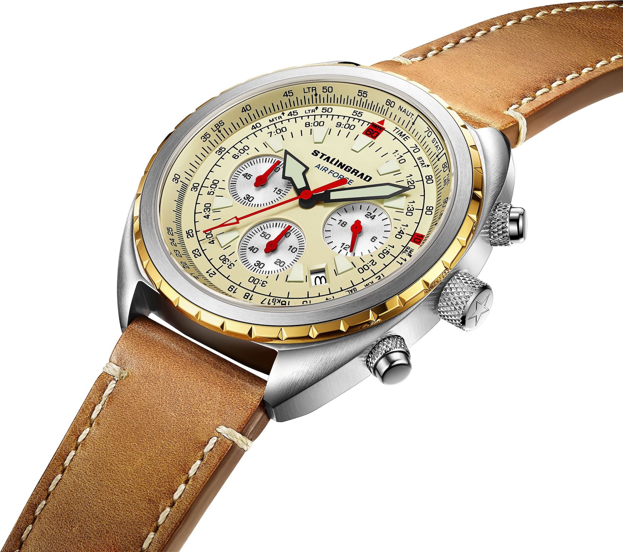 Stalingrad Novikov Chronograph Pilot Watch beige dial and brown leather strap on a white background diagonal side view