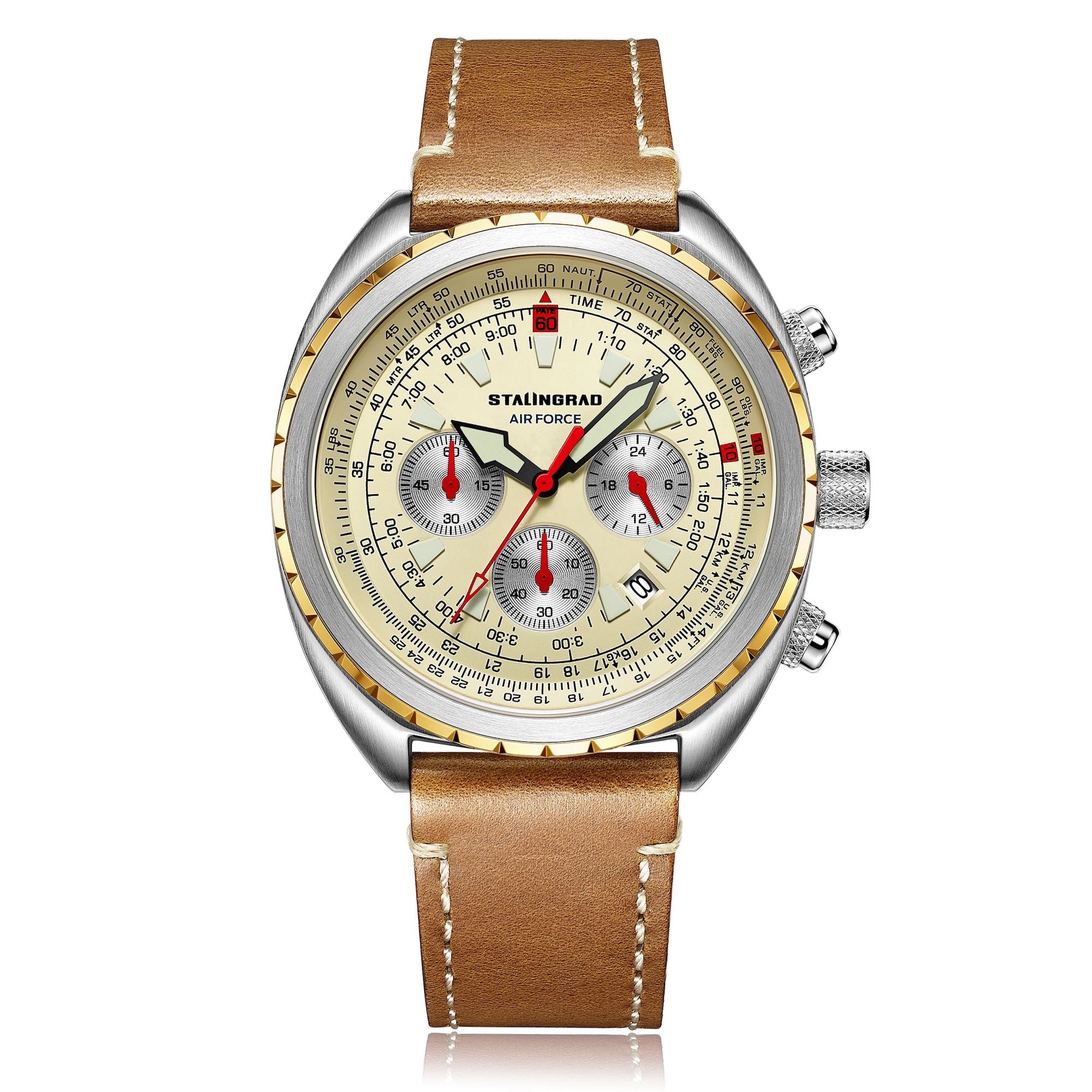 Stalingrad Novikov Chronograph Pilot Watch beige dial and brown leather strap on a white background. 