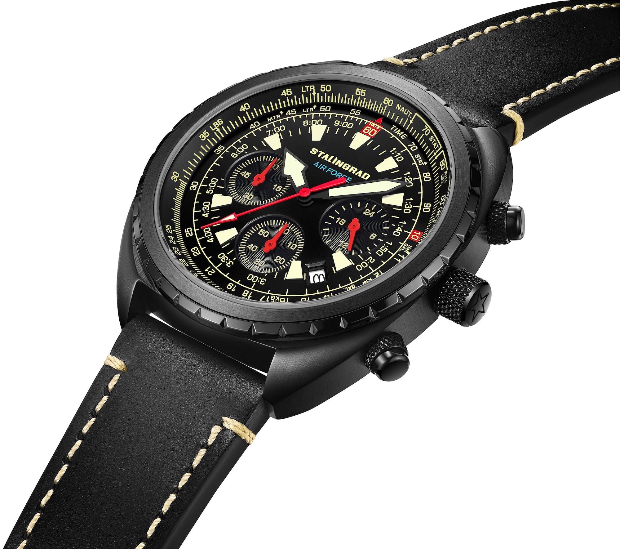Stalingrad Novikov Chronograph watch with a black dial, black bezel, yellow hour markers and hands with a date window at 4 o'clock on black leather strap diagonal view on a white background