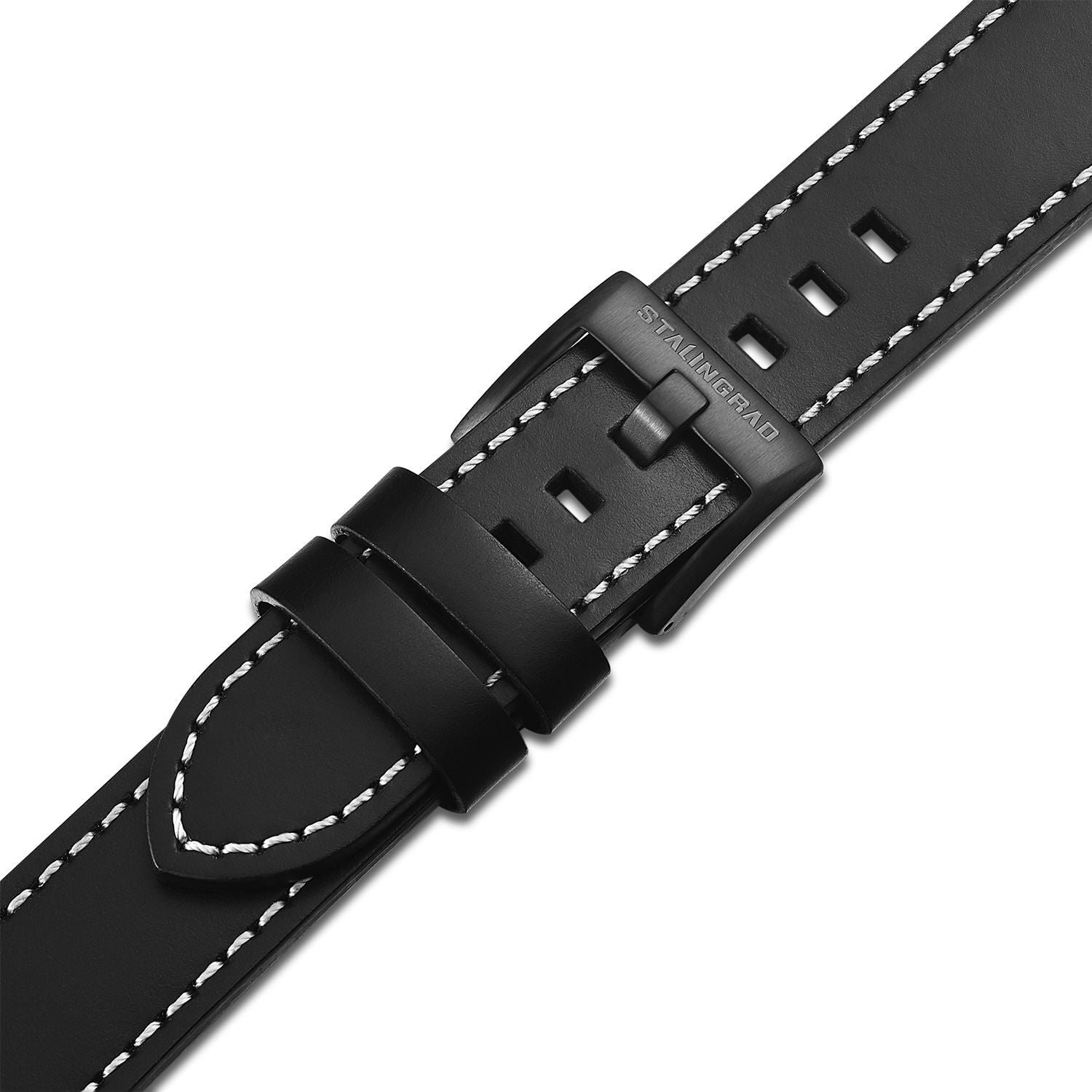 Novikov Watch Strap, black leather with white stitchingon a white background