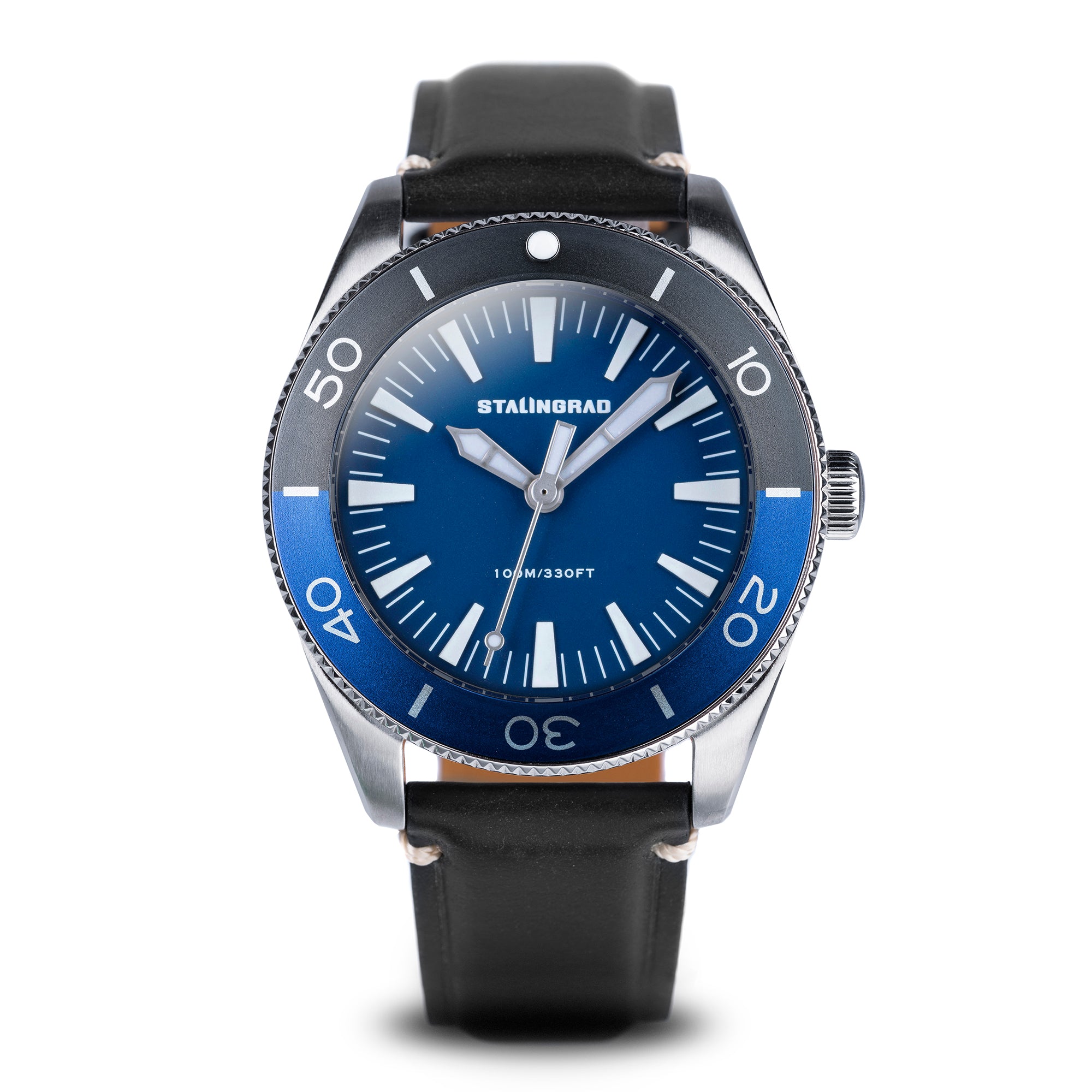 Stalingrad Iron Will Watch Blue Dial, with Black and blue 2 tone Bezel on a white background, front view