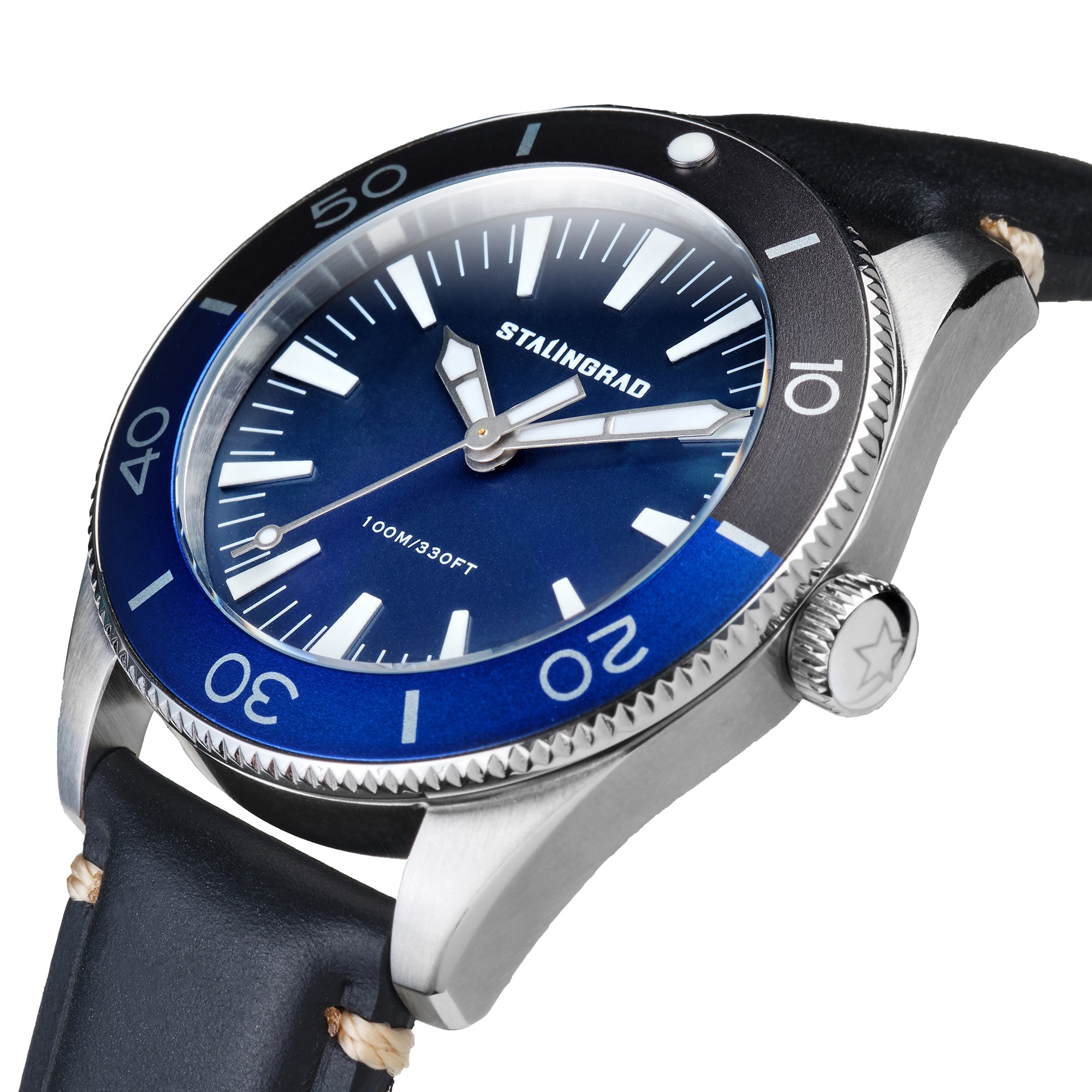 Stalingrad Iron Will Watch Blue Dial, with Black and blue 2 tone Bezel on a white background, Diagonal view