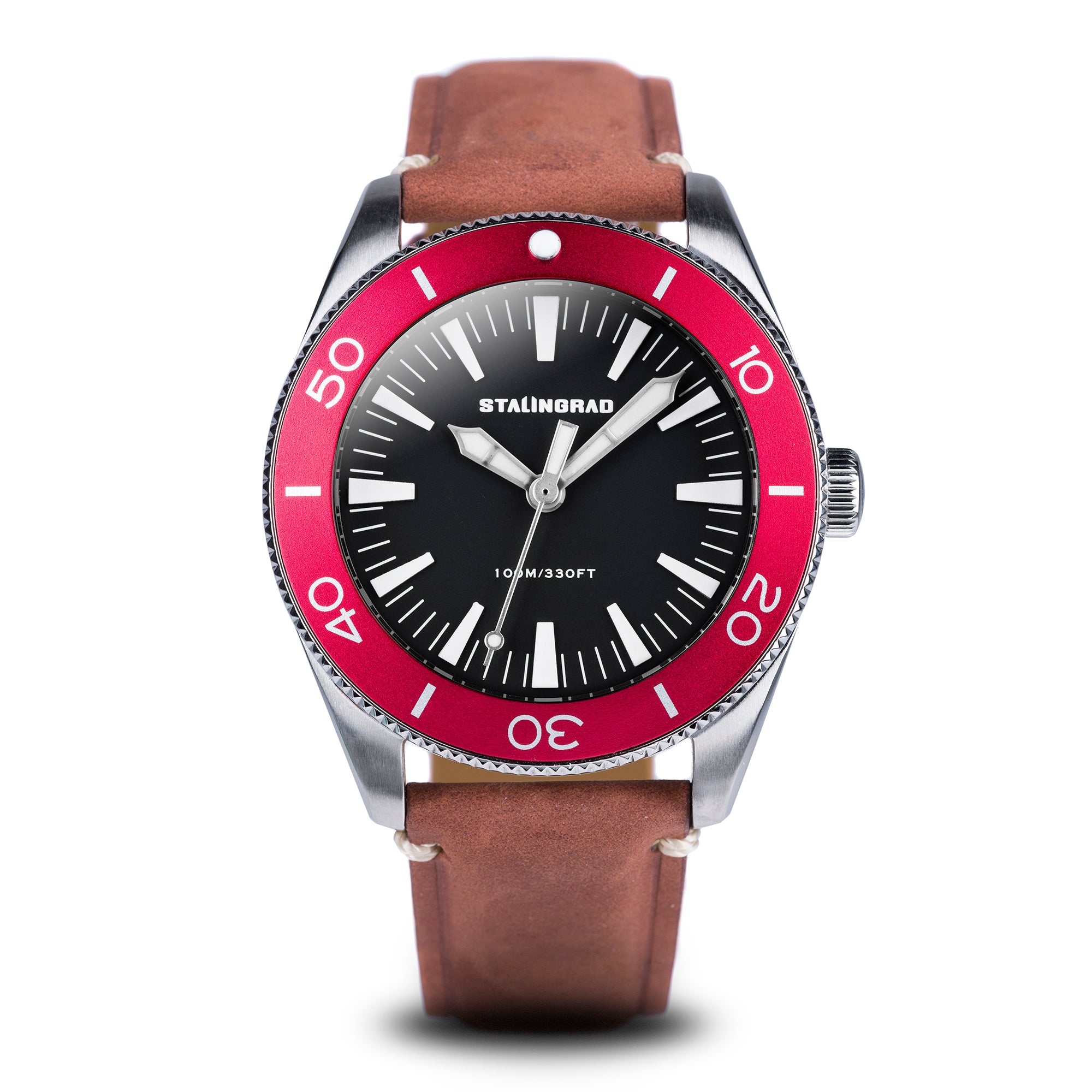 Stalingrad Iron Will Watch Black Dial with a Red Bezel and a red leather strap on a white background, front view