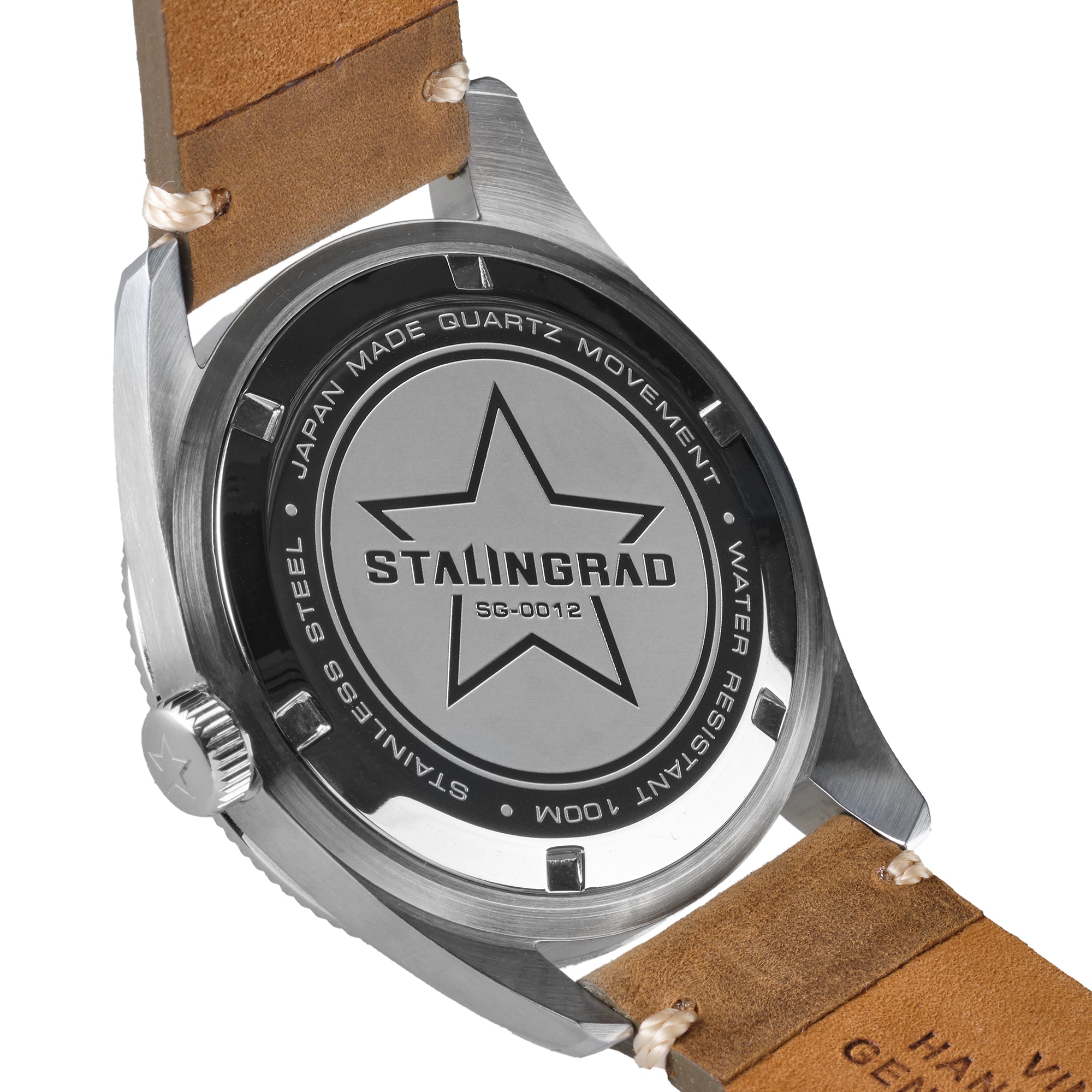 Stalingrad Iron Will Watch Grey Dial, with Black Bezel and a tan leather strap on a white background, back of watch view