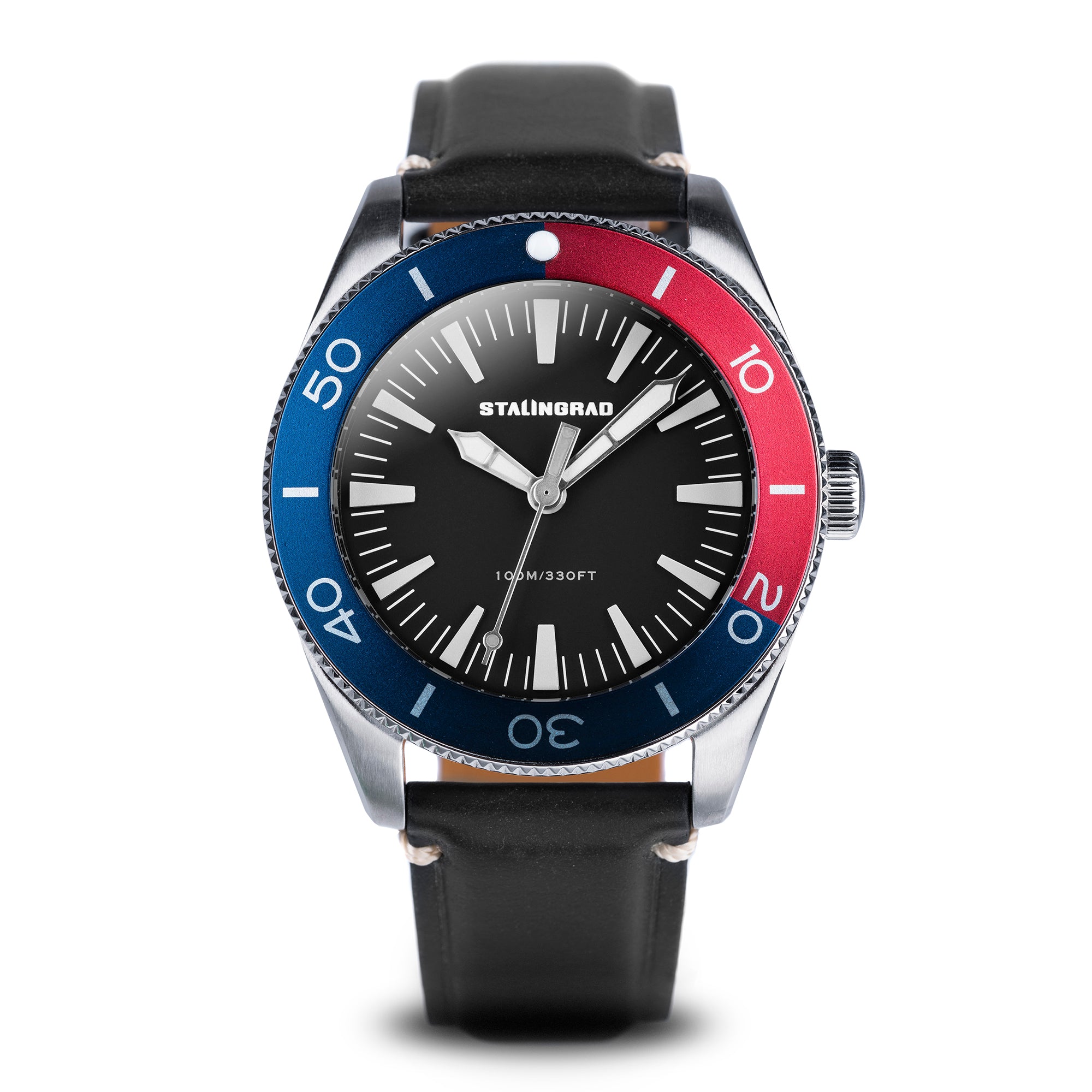 Stalingrad Iron Will Watch Black Dial, with Blue and Red 2 tone Bezel and a black  leather strap on a white background, front view