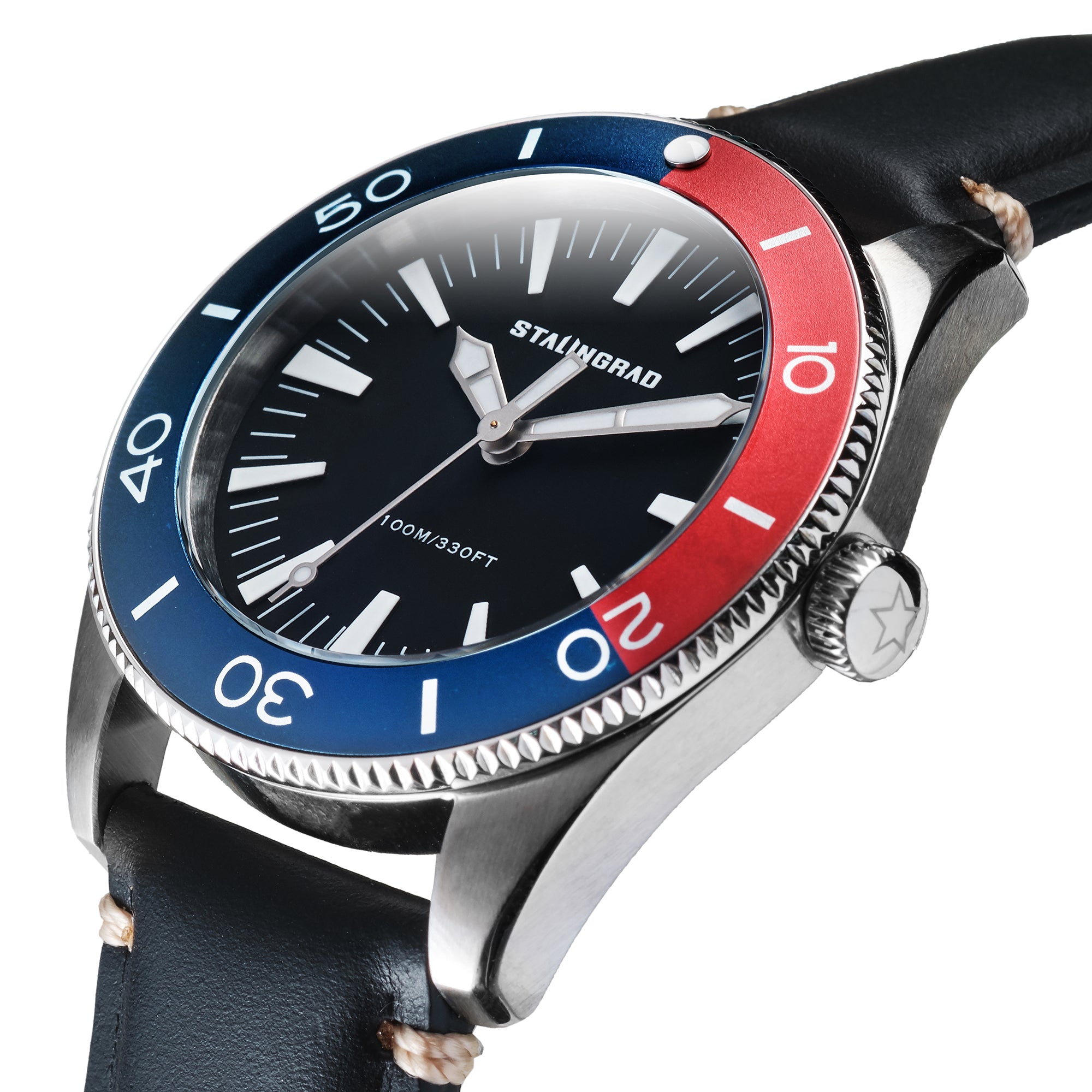 Stalingrad Iron Will Watch Black Dial, with Blue and Red 2 tone Bezel and a black leather strap on a white background, diagonal view