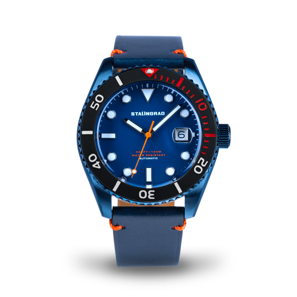 Stalingrad Volga defender automatic watch with a blue case and blue  dial with orange second hand in a blue leather strap, front view or watch on a white background