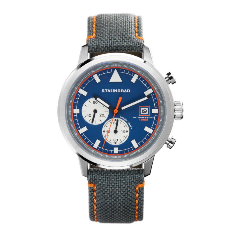Stalingrad trooper chronograph watch with silver case, blue dial and grey Cordura straps with orange stitching, front view on a white background 