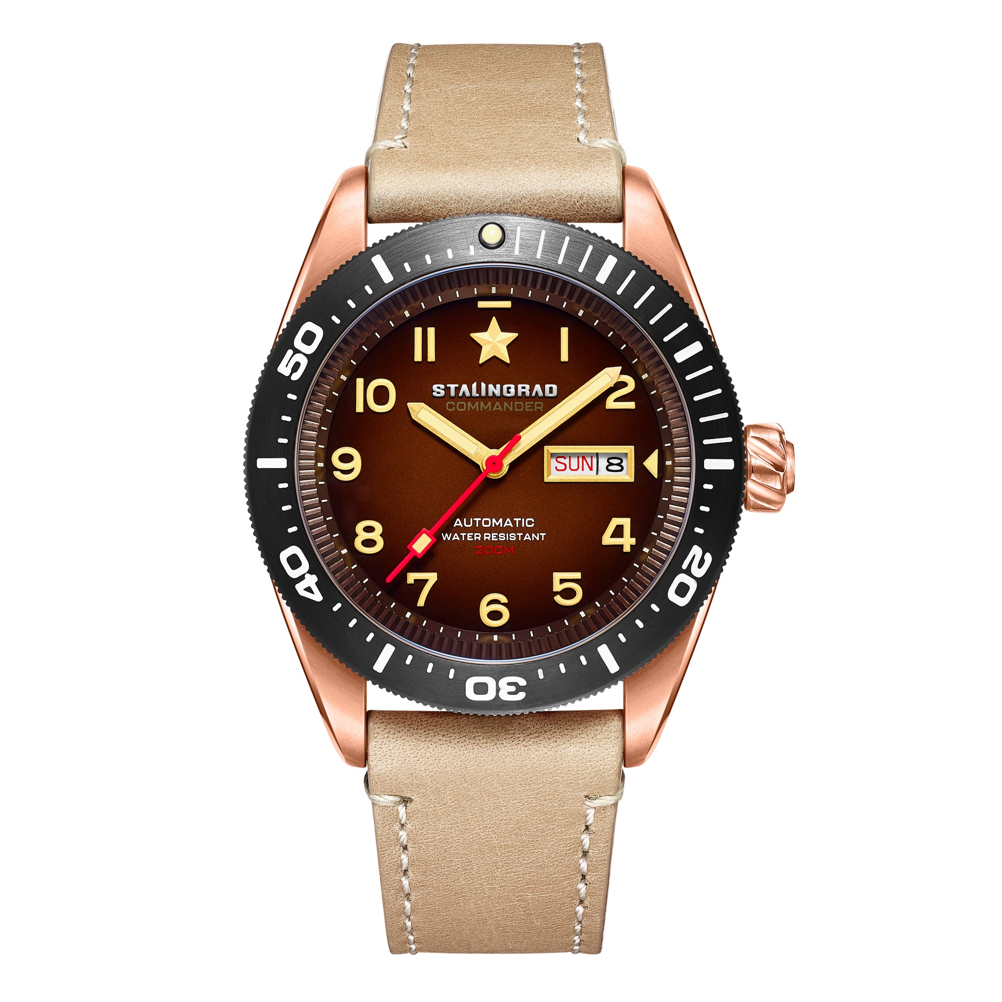 Stalingrad commander watch brown dial and brown leather strap on a white background