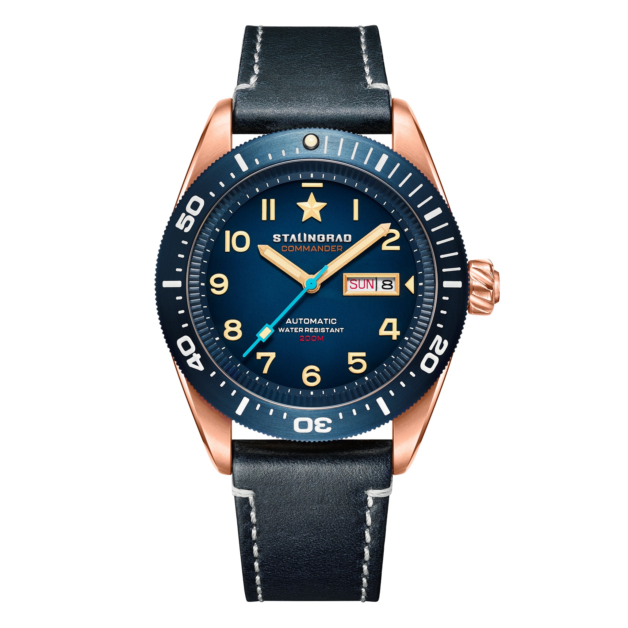 Stalingrad's  Commander Automatic Bronze Watch with Brass Bezel and Blue Dial front view on a white background
